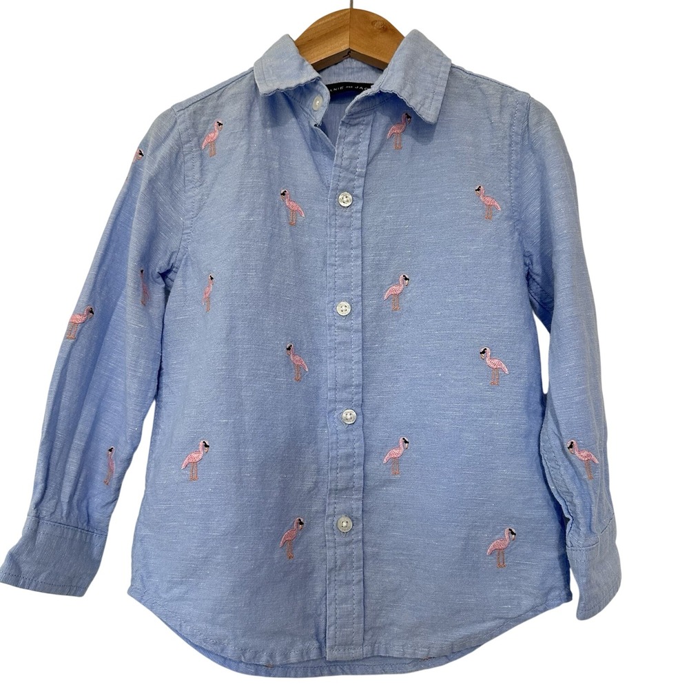 Janie and Jack Blue Linen Blend Button Down Embroidered Flamingos Boys 3 Easter